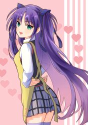 Rule 34 | 1girl, :d, apron, arms at sides, artist name, black vest, blue ribbon, blush, collared shirt, commentary request, cowboy shot, eyelashes, fang, from side, green eyes, grey skirt, hair ribbon, happy, heart, highres, lace, lace-trimmed ribbon, lace trim, little busters!, little busters! school uniform, long hair, long sleeves, looking at viewer, miniskirt, open mouth, parted bangs, pink background, piyo (kinkooo333), plaid clothes, plaid skirt, pleated skirt, purple hair, purple thighhighs, ribbon, sasasegawa sasami, school uniform, shirt, simple background, skirt, smile, solo, straight hair, summer uniform, thighhighs, tsurime, two side up, very long hair, vest, white shirt, yellow apron, zettai ryouiki