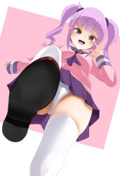 Rule 34 | 1girl, alicemagic, blush, breasts, doyagao, feet, femdom, foot focus, foreshortening, from below, hand up, highres, looking at viewer, open mouth, otachan, panties, pink shirt, presenting foot, purple eyes, purple hair, purple sailor collar, purple skirt, sailor collar, school uniform, serafuku, shirt, shoe soles, sidelocks, skirt, smile, smug, soles, solo, the otachan show, thighhighs, toes, twintails, underwear, white panties, white thighhighs