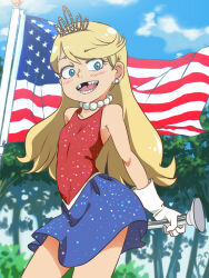 1girl american_flag blonde_hair blue_eyes blue_skirt blue_sky blush cowboy_shot earrings fourth_of_july gloves highres jcm2 jewelry lola_loud long_hair looking_at_viewer looking_to_the_side marching_band_baton missing_tooth necklace open_mouth outdoors pearl_earrings pearl_necklace red_tank_top skirt sky smile solo standing tank_top teeth the_loud_house tiara tongue tooth_gap tree upper_body white_gloves