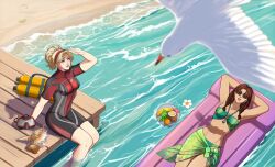 2girls arms_behind_head autumn-sacura banana beach bird blonde_hair blue_eyes bodysuit bra breasts cleavage conch flower food fruit glasses goggles grapes green_bra green_necklace green_panties hairband highres jewelry julia_chang large_breasts lidia_sobieska lying midriff multiple_girls necklace ocean on_back panties plate red_bodysuit red_hairband scar scar_across_eye scar_on_face scuba_tank seagull sleeping stomach sunglasses tekken underwear