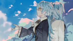 1girl angela_(project_moon) ascot black_vest blue_coat blue_hair blue_sky closed_mouth coat collared_shirt gem hamelon310 highres lab_coat library_of_ruina lobotomy_corporation long_hair long_sleeves multiple_views one_side_up orange_gemstone project_moon shirt short_hair simple_background sky solo standing upper_body very_long_hair vest white_ascot white_coat white_shirt yellow_eyes