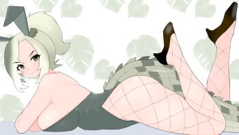1girl adapted_costume alternate_hairstyle animal_ears bare_shoulders black_shoes blush crocodilian_tail fake_animal_ears fishnet_pantyhose fishnets gradient_hair green_eyes green_hair green_leotard high_heels highres illu_(illu_stratos) kemono_friends legs_up leotard lizard_tail looking_at_viewer lying multicolored_hair on_stomach pantyhose playboy_bunny ponytail rabbit_ears saltwater_crocodile_(kemono_friends) shoes sidelocks sleeveless smile solo strapless strapless_leotard tail