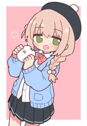 1boy :d black_hat black_skirt blue_cardigan blush bow bowtie braid brown_hair cardigan crossdressing food green_eyes hat highres holding holding_food long_sleeves looking_at_viewer male_focus miniskirt naga_u open_mouth original pleated_skirt pom_pom_hat_ornament puffy_long_sleeves puffy_sleeves red_bow red_bowtie shirt side_braid single_braid skirt smile solo suama-kun_(naga_u) trap white_shirt