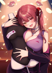1girl a_horny_money_world_(houshou_marine) absurdres bead_necklace beads blush breasts cleavage coin earrings fang gold_coin hair_ribbon heart heart_earrings heart_necklace heterochromia highres hololive houshou_kumarine houshou_marine jewelry large_breasts looking_at_viewer necklace official_alternate_costume pink_shirt red_eyes red_hair red_ribbon ribbon sasatake shirt skin_fang sleeveless sleeveless_shirt solo virtual_youtuber yellow_eyes