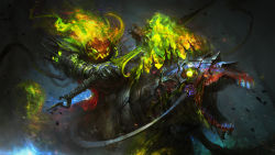 Rule 34 | aura, dark background, dullahan, epic, glowing, highres, horse, monster, monster horse, original, pumpkin, pumpkin head, riding, sword, thedurianart, weapon, zombie