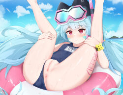 1girl absurdres anus censored clothing_aside commission goggles goggles_on_head guardian_tales highres innertube little_android_aa72 loli long_hair mosaic_censoring myuchiron one-piece_swimsuit pixiv_commission pussy school_swimsuit solo spread_legs swim_ring swimsuit swimsuit_aside