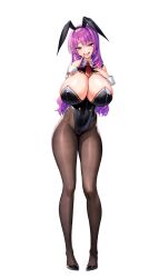 Rule 34 | 1girl, animal ears, black leotard, breasts, cleavage, covered navel, derauea, detached collar, fake animal ears, female pervert, high heels, highleg, highleg leotard, highres, hip dips, huge breasts, leotard, long hair, looking at viewer, motto! haramase! honoo no oppai isekai oppai bunny gakuen!, necktie, pantyhose, pervert, playboy bunny, purple eyes, purple hair, rabbit ears, rabbit tail, raphiel grimlight, red necktie, solo, strapless, strapless leotard, tail, tongue, tongue out, wrist cuffs