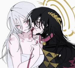 2girls ariane_yeong bell bite_mark bite_mark_on_neck bite_mark_on_shoulder black_hair blush camisole collar commentary english_commentary eve_(everotten) falke_(signalis) halo hickey holding holding_leash leash licking licking_another&#039;s_neck long_hair multiple_girls neck_bell parted_lips pink_eyes signalis simple_background white_background white_camisole white_hair yuri