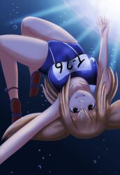 1girl air_bubble blonde_hair blush breasts brown_eyes brown_hair bubble chibiosaka competition_swimsuit diving freediving hairband highres holding_breath i-26_(kancolle) kantai_collection large_breasts long_hair looking_at_viewer name_tag new_school_swimsuit ocean one-piece_swimsuit open_mouth sailor_collar school_swimsuit short_sleeves smile solo submerged sunlight swimming swimsuit swimsuit_under_clothes twintails two-tone_hairband two_side_up underwater upside-down