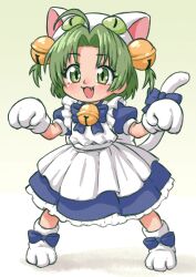 1girl :3 ahoge animal_ears beachepisode blush cat_ears cat_girl cat_tail dejiko di_gi_charat fang full_body green_eyes green_hair highres looking_at_viewer open_mouth puffy_short_sleeves puffy_sleeves short_hair short_sleeves smile solo tail