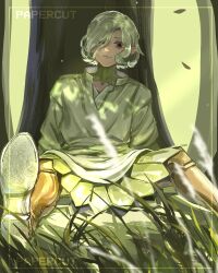 1boy absurdres against_tree bags_under_eyes black_eyes boots dungeon_meshi elf gorget grass grey_hair highres long_sleeves looking_at_viewer male_focus mithrun notched_ear on_grass outdoors papercuttt pointy_ears shirt short_hair sitting solo thigh_boots tree tunic wavy_hair