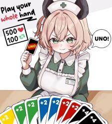 Rule 34 | 1girl, animal ears, apron, blonde hair, breasts, card, dress, green dress, green eyes, hat, holding, holding card, id card, imminent uno loss (meme), indie virtual youtuber, large breasts, like and retweet, meme, moshiedraws, nimi nightmare, nurse cap, smug, strip game, tapir ears, twitter strip game, uno (game), virtual youtuber, white apron