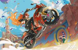 1boy 2girls abstract_background absurdres ahoge aircraft biker_clothes bikesuit bird blue_sky bodysuit celebration chinese_commentary closed_mouth clothing_cutout cloud cloudy_sky confetti cropped_jacket dark-skinned_female dark_skin faceless faceless_female faceless_male floating friends from_below from_side genshin_impact glint gradient_hair hair_flowing_over high_heels highres hot_air_balloon huge_ahoge iansan_(genshin_impact) jacket kinich_(genshin_impact) leather leather_jacket leather_suit light_particles light_rays light_smile mavuika_(genshin_impact) motor_vehicle motorcycle multicolored_hair multiple_girls on_motorcycle outdoors red_hair riding side_cutout sitting sky standing sunbeam sunglasses sunlight wavy_hair yichuanxian74207