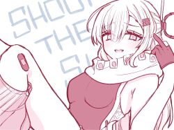 Rule 34 | 1girl, bandaid, bandaid on knee, bandaid on leg, blush, breasts, commentary request, eyelashes, gloves, hair between eyes, hair ornament, headgear, highres, kantai collection, leg warmers, long hair, medium breasts, middle finger, monochrome, nagi kantai114, one-piece swimsuit, open mouth, partially fingerless gloves, scarf, simple background, solo, swimsuit, text background, wahoo (kancolle)