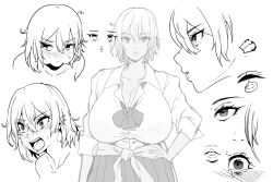 41_(taskmaster41) blush breasts cardigan cleavage closed_eyes crying crying_with_eyes_open detail embarrassed from_side gyaru highres large_breasts legs_out_of_frame looking_at_viewer looking_to_the_side miniskirt monochrome multiple_expressions open_mouth original ribbon see-through_clothes see-through_shirt shirt short_hair short_shirt simple_background skirt summer_uniform tagme tears teeth thick_thighs thighs white_background