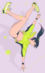 1girl ass bare_legs black_eyes black_hair black_panties cacn closed_mouth commentary dancing earrings english_commentary green_nails handstand highres hood hoodie jewelry long_hair long_sleeves mole mole_under_eye navel original panties ponytail shoes sneakers solo stud_earrings underwear upside-down wristband