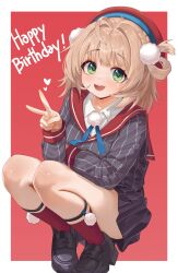1girl absurdres birthday black_shoes blonde_hair ch1ckpyo english_text green_eyes happy_birthday hat highres indie_virtual_youtuber knees looking_at_viewer open_mouth red_socks shigure_ui_(vtuber) shoes socks solo squatting teeth upper_teeth_only virtual_youtuber