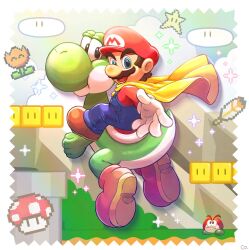 1boy artist_name blue_eyes blue_overalls blue_pants blue_sky boots border brown_footwear brown_hair bush buttons cape cape_mario cloud co_co_mg day dinosaur facial_hair fire_flower galoomba gloves hat long_sleeves looking_at_viewer looking_back male_focus mario mario_(series) mountain mustache nintendo open_mouth outdoors outside_border overalls pants pixel_art red_headwear red_shirt riding shirt shoes short_hair sky smile sparkle super_star_(mario) super_mario_world super_mushroom teeth v-shaped_eyebrows warp_pipe white_border white_gloves yellow_cape yoshi