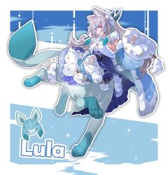 1girl absurdres animal_ear_fluff animal_ears armpits blue_sleeves breasts centauroid character_name character_request cleavage commentary commission detached_sleeves dress english_commentary facial_mark fox_ears full_body gen_4_pokemon glaceon grey_hair hair_between_eyes highres indie_virtual_youtuber long_hair looking_at_viewer medium_breasts monster_girl monsterification multiple_legs nintendo old-night open_mouth pokemon purple_dress purple_eyes sidelocks smile solo standing standing_on_one_leg taur virtual_youtuber wide_sleeves