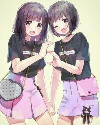 2girls black_shirt blush brown_eyes brown_hair collarbone female_focus full_body happy menhera_shoujo_kurumi-chan multiple_girls nanase_konomi nanase_kurumi_(menhera-chan) pink_skirt shirt short_hair skirt yellow_background