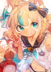 1girl absurdres animal_ear_fluff animal_ears black_sailor_collar blonde_hair blue_eyes blue_hair cat_ears commentary crab dress fang frills hair_ornament highres indie_virtual_youtuber kaamin_(mariarose753) kaniki_(sameko_saba) lifebuoy_hair_ornament long_hair looking_at_viewer low_twintails multicolored_hair sailor_collar sailor_dress sameko_saba skin_fang smile stomach streaked_hair twintails v virtual_youtuber white_dress