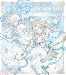 2girls back_bow bare_shoulders black_shoes blonde_hair blue_hair border bow braid breasts chinese_commentary cleavage cleavage_cutout closed_mouth clothing_cutout collar commentary commission coral crown_braid detached_collar dress expressionless feet_out_of_frame fins fish_tail floating floating_clothes floating_hair frilled_anklet frilled_collar frilled_dress frilled_thighhighs frills full_body fur_cuffs gradient_hair grey_hair hagoromo hair_ornament hairclip hand_on_own_chest happy head_fins heart heart_hair_ornament highres holding holding_polearm holding_weapon jellyfish juliet_sleeves koiliblikas long_hair long_sleeves looking_at_another mermaid monster_girl multicolored_hair multiple_girls original outside_border outstretched_hand parted_bangs parted_lips picture_frame polearm puffy_sleeves seashell see-through_clothes see-through_veil shawl shell shoes short_dress sleeveless sleeveless_dress sleeves_past_wrists smile square_neckline starfish tail thighhighs trident twintails underwater veil very_long_hair watermark wavy_hair weapon weibo_watermark white_border white_bow white_collar white_dress white_tail white_thighhighs white_veil white_wrist_cuffs wrist_cuffs
