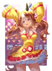 1girl absurdres animal_ears armpits arms_up artist_name blue_gloves border breasts brown_hair cleavage commentary copano_rickey_(umamusume) cowboy_shot detached_collar detached_sleeves double_bun dress ear_covers fang fingerless_gloves frilled_dress frills gloves hair_between_eyes hair_bun hair_ornament highres horse_ears horse_girl horse_tail layered_dress layered_sleeves long_hair looking_at_viewer loose_hair_strand medium_breasts multicolored_hair open_mouth outside_border pink_eyes signature smile solo standing strapless strapless_dress tail tassel tassel_hair_ornament two-tone_hair umamusume white_border white_hair wide_sleeves yellow_dress yellow_sleeves yoshinaga_masahiro