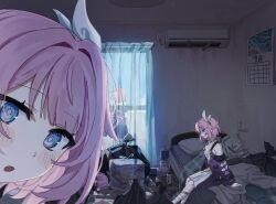 Rule 34 | 1girl, :o, air conditioner, bare shoulders, bed sheet, blue eyes, bottle, breasts, calendar (object), can, coat, curtains, cyrene (honkai: star rail), dress, drink can, highres, honkai: star rail, honkai (series), indoors, jewelry, looking at viewer, messy room, necklace, newspaper stack, nijikun, on bed, pink hair, pink pupils, purple coat, short hair, sitting, small breasts, smile, trash bag, white dress