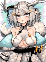 Rule 34 | 1girl, :p, antlers, bare shoulders, belt, black belt, blush, breasts, chinese zodiac, cleavage, cleavage cutout, clothing cutout, coat, collarbone, covered collarbone, covered navel, dragon girl, dragon horns, dragon tail, ear piercing, earrings, grey eyes, grey hair, hair between eyes, hair ornament, hairclip, hasuboniru, highres, horns, jacket, jewelry, kuyuyu (vrchat), large breasts, looking at viewer, off shoulder, open clothes, open coat, open jacket, piercing, pointy ears, ribbon, short hair, sideboob, sleeveless, solo, tail, tongue, tongue out, twintails, two side up, underboob, underboob cutout, upper body, vrchat, white coat