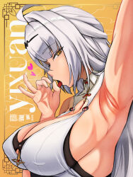 1girl absurdres armpits breasts highres holy_b._bob large_breasts long_hair looking_at_viewer sideboob tongue tongue_out white_hair yellow_eyes yi_xuan_(zenless_zone_zero) zenless_zone_zero