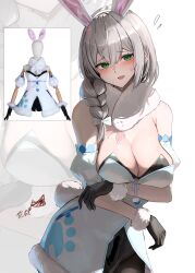 1girl absurdres alternate_costume animal_ears bare_shoulders black_gloves blush braid breasts cleavage cosplay dress fake_animal_ears gloves green_eyes grey_hair hair_ornament hana_hebi highres hololive large_breasts leotard long_hair looking_at_viewer open_mouth pantyhose rabbit_ears shirogane_noel short_hair smile solo usada_pekora usada_pekora_(1st_costume) usada_pekora_(cosplay) virtual_youtuber