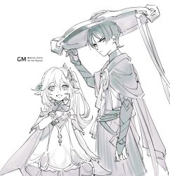 1boy 1girl arm_at_side armor belt blunt_ends bracelet bridal_gauntlets cape closed_mouth cross-shaped_pupils detached_sleeves dress eyelashes feathers frown gem genshin_impact hair_between_eyes hair_ornament half_crown_braid hand_on_own_chest hand_up hat hat_tip height_difference highres hip_vent japanese_armor japanese_clothes jewelry jingasa kimono kote layered_sleeves leaf leaf_hair_ornament long_hair looking_at_viewer monochrome nahida_(genshin_impact) open_mouth pointy_ears pom_pom_(clothes) rope sash scaramouche_(genshin_impact) short_sleeves shorts side_ponytail sidelocks symbol-shaped_pupils tassel tsurime twitter_username vision_(genshin_impact) wanderer_(genshin_impact) white_background wispy_bangs yotsuban