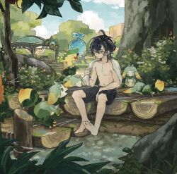 1boy ajaw_(genshin_impact) barefoot black_hair black_male_swimwear bush closed_mouth cloud commentary_request day genshin_impact hair_between_eyes hishida_(koko_escape) kinich_(genshin_impact) leaf male_focus male_swimwear multicolored_hair outdoors rock sitting sky swim_trunks topless_male towel towel_around_neck tree water yumkasaurus_(genshin_impact)
