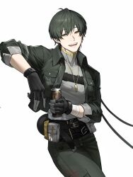 1boy absurdres black_gloves black_hair black_jacket black_pants can collared_jacket commentary drink_can gloves grey_shirt highres holding holding_can iqbqlz jacket looking_at_viewer male_focus male_rover_(wuthering_waves) open_mouth pangu_terminal_(wuthering_waves) pants rover_(wuthering_waves) shirt simple_background sleeves_rolled_up smile solo white_background wuthering_waves yellow_eyes