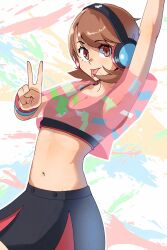 1girl absurdres arm_up black_skirt black_sports_bra breasts brown_eyes brown_hair cleavage commentary cowboy_shot crop_top cropped_shirt flipped_hair gjh headphones highres looking_at_viewer midriff navel official_alternate_costume persona persona_3 persona_3:_dancing_moon_night persona_dancing pink_shirt see-through_clothes see-through_shirt shirt short_hair short_sleeves skirt small_breasts solo sports_bra stomach takeba_yukari tongue tongue_out v wristband