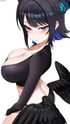 1girl absurdres alternate_costume alternate_hairstyle ass asymmetrical_horns black_hair black_panties black_wings blue_hair breasts cleavage colored_inner_hair crystal_horns demon_horns feathered_wings feathers flower gototo_touma highres hololive hololive_english horn_flower horns large_breasts long_sleeves looking_at_viewer low_wings mole mole_under_eye multicolored_hair nerissa_ravencroft official_alternate_hair_length official_alternate_hairstyle panties red_eyes shirt short_hair simple_background smile solo two-tone_hair underwear uneven_horns virtual_youtuber white_background wings