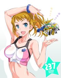 Rule 34 | 1girl, :d, arm up, armpits, blue eyes, blush, breasts, brown hair, character name, energy gun, female focus, gundam, gundam build fighters, gundam build fighters try, gunpla, highres, hoshino fumina, large breasts, looking at viewer, mecha, midriff, model kit, open mouth, ponytail, robot, scrunchie, shiny skin, short hair, smile, solo, sports bra, suzutsuki kurara, two-tone sports bra, upper body, weapon, winning gundam
