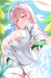 1girl ahoge bikini bikini_top_only bikini_under_clothes blue_archive blurry blurry_background blush bow braid breasts bright_pupils closed_mouth collared_shirt commentary_request cowboy_shot day depth_of_field eyelashes from_below green_eyes hair_between_eyes hair_bow half-closed_eyes halo hanako_(blue_archive) hanako_(swimsuit)_(blue_archive) highres holding holding_hose hose huge_ahoge kyouno_komatsu large_breasts long_hair looking_at_viewer no_panties official_alternate_costume outdoors oversized_clothes oversized_shirt partially_unbuttoned pink_hair pink_halo seductive_smile see-through_clothes see-through_shirt shirt single_braid sleeves_past_wrists smile solo split_mouth swimsuit very_long_hair water water_drop wet wet_clothes wet_shirt white_bow white_shirt
