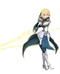 1girl adapted_costume armor black_hair blonde_hair blue_eyes blush_stickers breasts cleavage cleavage_cutout clothing_cutout commentary_request cosplay detached_sleeves fate/grand_order fate_(series) full_body gareth_(fate) gawain_(fate) gawain_(fate)_(cosplay) greaves hair_flaps highres holding holding_polearm holding_weapon kawabata_yoshihiro lance multicolored_hair open_mouth polearm small_breasts smile solo streaked_hair two-tone_hair weapon