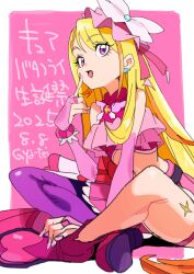 1girl artist_name blonde_hair boots bow braid brooch butterfly_hat butterfly_hat_ornament cure_butterfly dated earrings gloves gya-tei hat hat_ornament highres hijiri_ageha hirogaru_sky!_precure indian_style jewelry long_hair looking_at_viewer magical_girl midriff multicolored_hair navel pantyhose pink_hat pink_skirt precure purple_eyes purple_pantyhose shirt sitting skirt smile solo very_long_hair wing_brooch