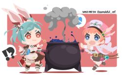 !? 01_(zeroichi_srl) 2girls :3 alchemy animal_ears atelier_(series) atelier_resleriana atelier_rorona atelier_sophie black_dress blue_eyes blue_hair boots border braid braided_bangs bright_pupils brown_dress cauldron chibi chibi_only dated dress failure fake_animal_ears flask full_body hair_ribbon hat holding holding_flask liquid long_sleeves maid_headdress multiple_girls no_lineart open_mouth outstretched_arms pink_hat rabbit_ears red_eyes ribbon rorolina_frixell round-bottom_flask running short_hair side_ponytail smoke spoken_interrobang standing sweatdrop tess_heitzmann twitter_username white_border white_pupils