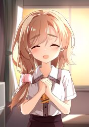 1girl :d ^_^ blurry blurry_background blush brown_hair brown_skirt classroom closed_eyes collared_shirt commentary_request curtains facing_viewer hair_intakes hair_ornament hair_scrunchie hands_up happy happy_tears high-waist_skirt highres indoors long_hair low_side_ponytail mikuni_sairi necktie open_mouth own_hands_together pink_scrunchie school_uniform scrunchie sesen2000 shirt short_necktie short_sleeves sidelighting skirt smile solo sunlight swept_bangs tears tenshi_souzou_re-boot! thick_eyebrows upper_body white_shirt yellow_necktie