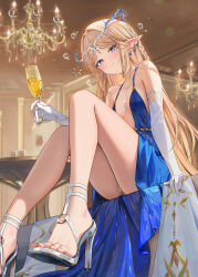 1girl absurdres alternate_costume armpit_crease bare_legs bare_shoulders blonde_hair blue_dress blue_eyes breasts bubble cartethyia_(wuthering_waves) closed_mouth collarbone commentary crown_of_thorns cum cup dress drinking_glass drunk earrings elbow_gloves evening_gown gloves hair_intakes high_heels highres holding holding_cup jewelry legs long_hair looking_at_viewer multiple_earrings necklace paid_reward_available parted_bangs pointy_ears ru_zhai sidelocks sitting small_breasts smile solo squeans tacet_mark_(wuthering_waves) thighs toes very_long_hair white_gloves wuthering_waves