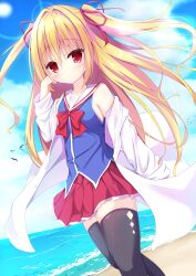 Rule 34 | 1girl, absurdres, arm at side, bare shoulders, bird, black thighhighs, blonde hair, blue shirt, blue sky, blush, bow, bowtie, closed mouth, cloud, coat, commentary request, commission, day, dutch angle, eyes visible through hair, feet out of frame, floating hair, frilled skirt, frills, hair between eyes, hair intakes, hair ribbon, hand up, highres, irotoridori no sekai, lab coat, long hair, long sleeves, looking at viewer, miniskirt, nikaidou shinku, open clothes, open coat, outdoors, pleated skirt, red bow, red bowtie, red eyes, red ribbon, red skirt, ribbon, sailor collar, school uniform, serafuku, shirt, sidelocks, skeb commission, skindentation, skirt, sky, sleeveless, sleeveless shirt, smile, solo, standing, thighhighs, thighs, two side up, very long hair, waffuru, white sailor collar, wind, zettai ryouiki