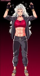 1girl abs absurdres bimbo6707 black_jacket black_pants black_track_suit blue_eyes breasts ceiling crop_top fingerless_gloves gloves highres jacket kunio-kun_series large_breasts long_hair marian_kelly midriff muscular muscular_female navel open_clothes open_jacket padded_gloves pants red_sports_bra river_city_girls_2 smile solo sports_bra tile_ceiling tiles track_suit white_hair