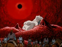 1990s_(style) 1girl animated animated_gif arm_under_breasts armpit_crease armpits arms_at_sides arms_up ass back barefoot bent_over berserk black_feathers black_wings bouncing_breasts breasts collarbone completely_nude covering_crotch covering_privates eclipse eyelashes fantasy feathered_wings feathers feet female_focus floating_hair full_body giant giantess grabbing_own_breast green_hair groin huge_filesize large_breasts leaning_back legs legs_together lips long_hair looking_up mature_female navel neck nipples nude official_art parted_lips public_indecency public_nudity red_sky retro_artstyle sky slan_(berserk) stomach surreal thighs tiptoes wings