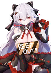 1girl absurdres artist_name bare_shoulders black_bow black_collar black_dress black_thighhighs blush bow breasts caution_tape cleavage collar commentary_request covered_navel detached_sleeves dress frilled_dress frilled_sleeves frills gold_trim grey_hair hair_between_eyes hair_ornament hand_in_own_hair hand_up heart heart-shaped_pupils highres honkai_(series) honkai_impact_3rd keep_out large_breasts long_sleeves looking_at_viewer red_eyes royo21294110 sidelocks sign simple_background sitting smile solo symbol-shaped_pupils theresa_apocalypse theresa_apocalypse_(luna_kindred) theresa_apocalypse_(lunar_vow:_crimson_love) thighhighs torn_clothes torn_thighhighs two-tone_dress white_background wide_sleeves