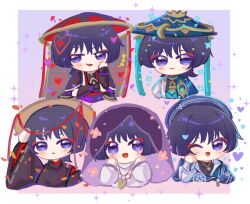 5boys :&lt; alternate_costume arm_up armor beret black_bodysuit black_hair black_kimono black_sleeves blue_cape blue_gemstone blue_hat blue_kimono blue_shawl bodysuit border cape chibi closed_mouth clothing_cutout collared_shirt eyeliner eyeshadow falling_flower falling_petals feathers flower gem genshin_impact glowing_markings gold gold_necklace gold_pendant han&#039;eri hand_up hands_up hat heart highres japanese_armor japanese_clothes jewelry jingasa kariginu kimono kote kurokote kuronushi_(genshin_impact) layered_sleeves light_blush long_sleeves looking_at_viewer looking_to_the_side makeup multiple_boys multiple_persona neck_ring necklace official_alternate_costume one_eye_closed open_clothes open_kimono open_mouth petals pink_background pink_flower pom_pom_(clothes) purple_eyes purple_sleeves purple_veil rainbowsugarflower red_eyeliner red_eyeshadow red_hat red_kimono red_sleeves scaramouche_(genshin_impact) scaramouche_(kabukimono)_(genshin_impact) see-through_clothes see-through_veil shawl shirt short_sleeves shoulder_cutout smile straw_hat string tilted_headwear veil vision_(genshin_impact) wanderer_(genshin_impact) wanderer_(wanderer_impression)_(genshin_impact) white_border white_kimono white_shirt white_sleeves white_trim wide_sleeves wing_collar yellow_feathers