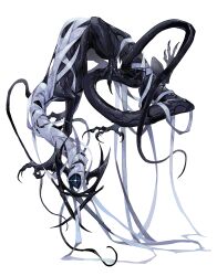 1other absurdres black_claws claws deepsea9013 eldritch_abomination floating full_body glowing glowing_eye highres hole_in_face mandibles monster monster_focus no_humans one-eyed original ribbon simple_background solo tail white_background white_ribbon