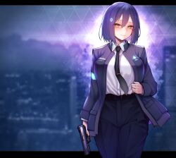 1girl absurdres connor_(detroit) connor_(detroit)_(cosplay) cosplay detroit:_become_human glowing gun handgun highres jacket kagami_uekusa necktie nijisanji pants purple_hair shirt shizuka_rin short_hair standing trigger_discipline virtual_youtuber weapon white_shirt yellow_eyes